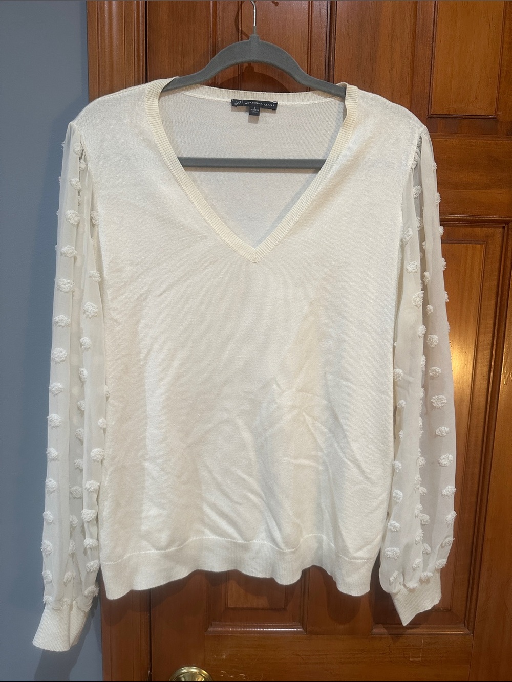 Ivanka Trump Off-White V-Neck Sweater with Pom-Pom Sheer Sleeves
